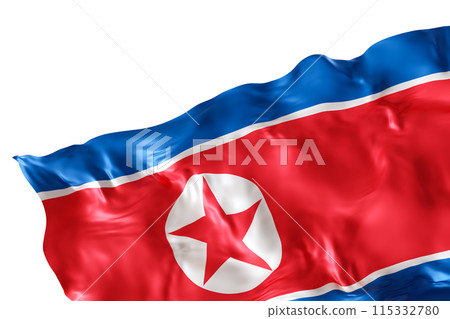 Realistic flag of North Korea with folds, isolated on white background. Footer, corner design element. Cut out. Perfect for patriotic themes or national event promotions. Empty, copy space. 3D render. 115332780
