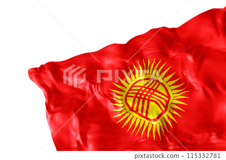 Realistic flag of Kyrgyzstan with folds, isolated on white background. Footer, corner design element. Cut out. Perfect for patriotic themes or national event promotions. Empty, copy space. 3D render. 115332781