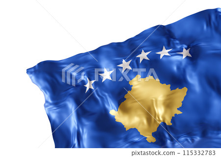 Realistic flag of Kosovo with folds, isolated on white background. Footer, corner design element. Cut out. Perfect for patriotic themes or national event promotions. Empty, copy space. 3D render. Realistic flag of Kosovo with folds, isolated on white background. Footer, corner design element. Cut out. Perfect for patriotic themes or national event promotions. Empty, copy space. 3D render. 115332783