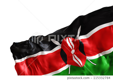 Realistic flag of Kenya with folds, isolated on white background. Footer, corner design element. Cut out. Perfect for patriotic themes or national event promotions. Empty, copy space. 3D render. 115332784