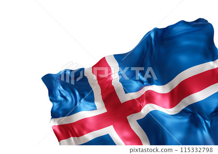 Realistic flag of Iceland with folds, isolated on white background. Footer, corner design element. Cut out. Perfect for patriotic themes or national event promotions. Empty, copy space. 3D render. Realistic flag of Iceland with folds, isolated on white background. Footer, corner design element. Cut out. Perfect for patriotic themes or national event promotions. Empty, copy space. 3D render. 115332798