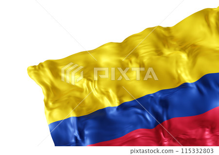 Realistic flag of Colombia with folds, isolated on white background. Footer, corner design element. Cut out. Perfect for patriotic themes or national event promotions. Empty, copy space. 3D render. 115332803