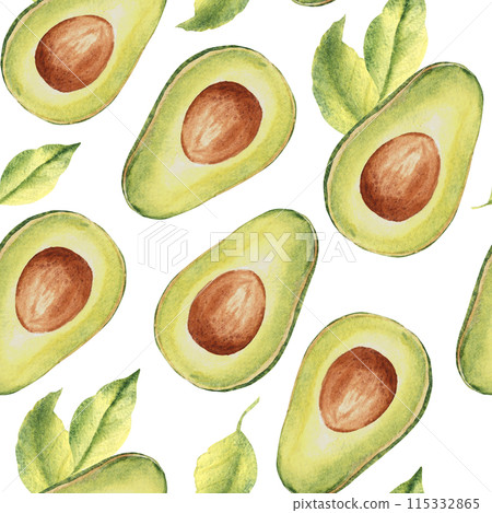 Watercolor Seamless Pattern of ripe avocado halves and leaves on a white background. Can be used for kitchen textile prints, product packaging design. Watercolor Seamless Pattern of ripe avocado halves and leaves on a white background. Can be used for kitchen textile prints, product packaging design. 115332865