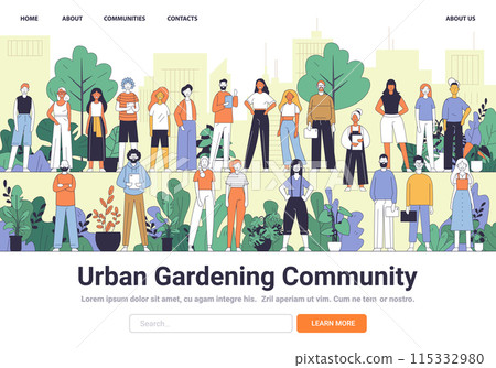 Diverse group of people standing in an urban garden setting with plants and cityscape background. Community gardening and teamwork theme 115332980