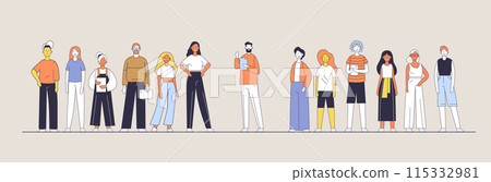 Diverse group of people standing in a row various outfits and poses minimalistic flat design style 115332981