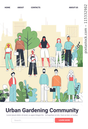 Urban gardening community with diverse people plants and cityscape background modern flat design colorful characters green foliage and urban environment 115332982