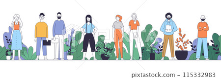 Diverse group of people standing with plants in background casual clothing flat design colorful modern style nature teamwork community 115332983