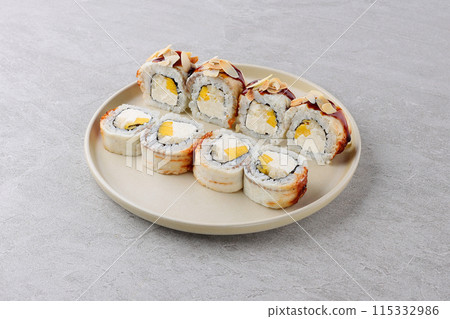 Sushi roll with unagi sauce, smoked eel. Sushi menu. Japanese food. Sushi roll with unagi sauce, smoked eel. Sushi menu. Japanese food. 115332986