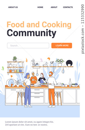 Cooking class scene with diverse group preparing food in modern kitchen surrounded by shelves with plants and utensils. Community kitchen concept 115332990