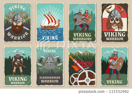 Set of viking warrior retro posters. Vector illustration. Flyer, brochure, banner template design with a viking in helmet with crossed battle axe, sword and nordic ship 115332992
