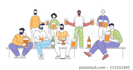 Group of diverse people holding beer glasses and bottles sitting and standing in a casual setting cheerful social gathering leisure activity 115332995