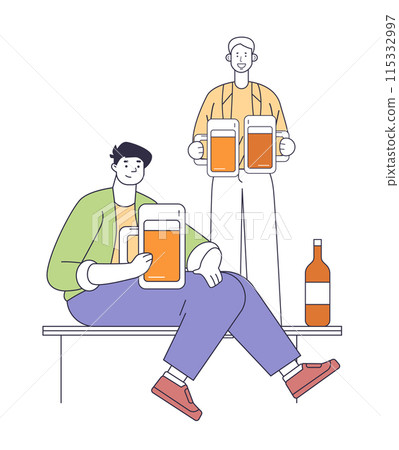 Two people enjoying beer one seated holding a beer glass the other standing with two mugs bottle on table casual setting flat design 115332997