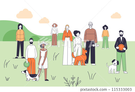 Diverse group of people and dogs in park setting with green hills clouds and grass. Casual clothing outdoor activities and friendly atmosphere Diverse group of people and dogs in park setting with green hills clouds and grass. Casual clothing outdoor activities and friendly atmosphere 115333003