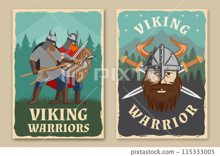 Set of viking warrior retro posters. Vector illustration. Flyer, brochure, banner template design with a viking in helmet with crossed battle sword, spear and round shield Set of viking warrior retro posters. Vector illustration. Flyer, brochure, banner template design with a viking in helmet with crossed battle sword, spear and round shield 115333005