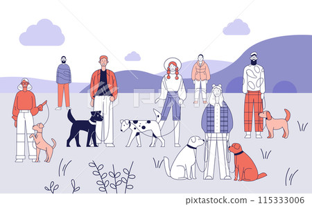 Group of diverse people walking dogs in a park with hills and clouds in the background Group of diverse people walking dogs in a park with hills and clouds in the background 115333006