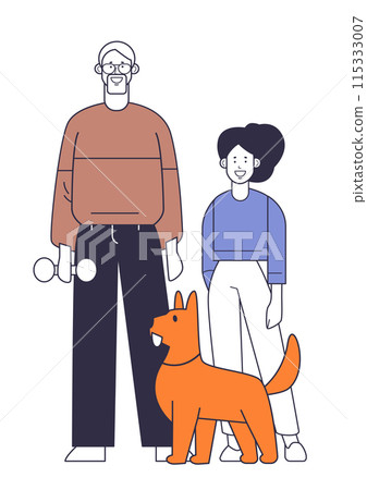 Family illustration with man woman and dog. Minimalist style colorful characters playful scene. Modern design flat vector art Family illustration with man woman and dog. Minimalist style colorful characters playful scene. Modern design flat vector art 115333007