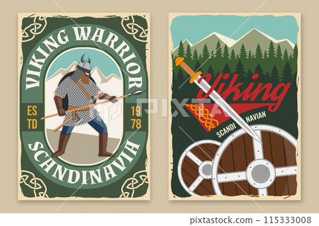 Set of viking warrior retro posters. Vector illustration. Flyer, brochure, banner template design with a viking in helmet with spear and round shield Set of viking warrior retro posters. Vector illustration. Flyer, brochure, banner template design with a viking in helmet with spear and round shield 115333008