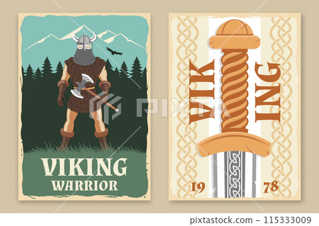 Set of viking warrior retro posters. Vector illustration. Flyer, brochure, banner template design with a viking in helmet with battle Double Axe and sword Set of viking warrior retro posters. Vector illustration. Flyer, brochure, banner template design with a viking in helmet with battle Double Axe and sword 115333009