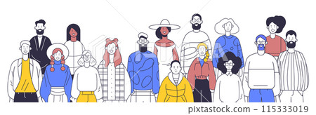 Diverse group of people various ages and styles standing together colorful clothing simple line art minimalistic design 115333019