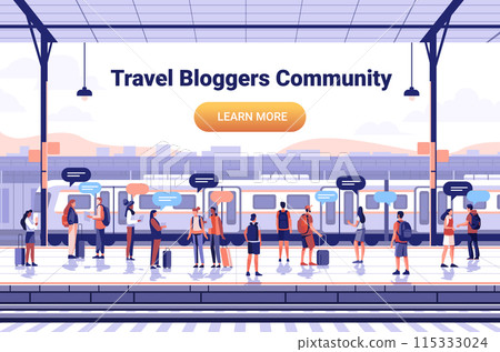 Travel bloggers at train station platform backpacks luggage speech bubbles modern cityscape social interaction outdoor travel scene 115333024