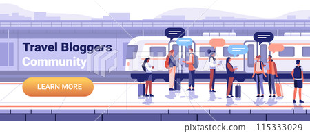 People waiting at train station with luggage engaging in conversations modern urban background flat design travel bloggers community theme 115333029