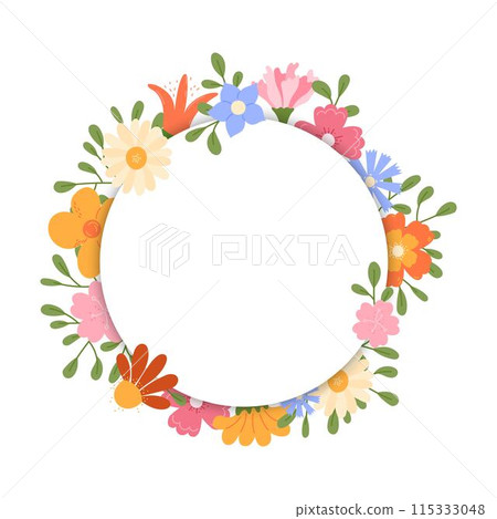 Round floral frame. Circle shaped decorative meadow flowers and leaves borders with copy space. Vector isolated illustration Round floral frame. Circle shaped decorative meadow flowers and leaves borders with copy space. Vector isolated illustration 115333048