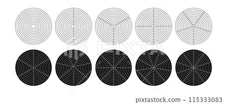 Outline polar grid set. Polar grid divided template set. Radar circular graph screen. Grid with concentric circles diagram. Vector Outline polar grid set. Polar grid divided template set. Radar circular graph screen. Grid with concentric circles diagram. Vector 115333083