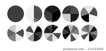 Segment infographic. Pie chart icons. 2,3,6,10,20 circle section graph. Wheel round diagram part symbol. Vector 115333085