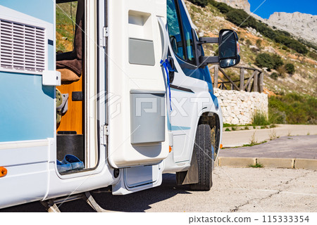 Camper door with trash can. 115333354