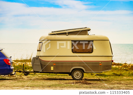 Caravan trailer camping on coast, Spain. Caravan trailer camping on coast, Spain. 115333405