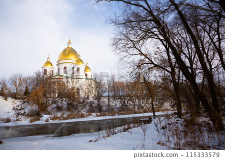 Winter landscape with Trinity Cathedral on bank of Tsna river in Morshansk Winter landscape with Trinity Cathedral on bank of Tsna river in Morshansk 115333579