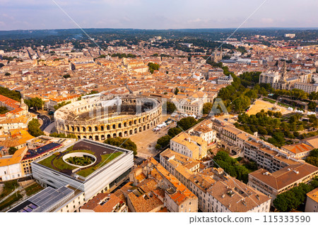 Nimes Arena aerial panoramic view. Nimes is a city in Occitanie region of southern France Nimes Arena aerial panoramic view. Nimes is a city in Occitanie region of southern France 115333590