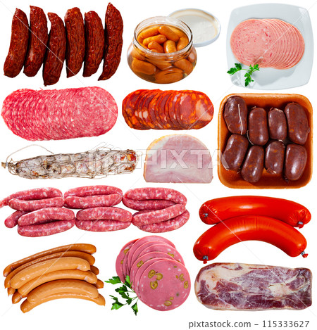 Spanish tasty meal different sausages and jamon isolated 115333627