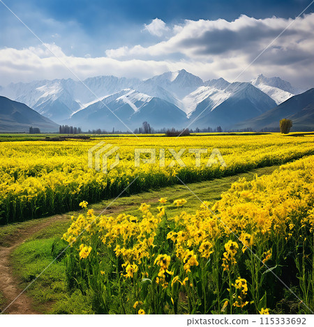 Nature's Contrasts: Serene Mustard Fields against Snowy Kashmir Mountains Nature's Contrasts: Serene Mustard Fields against Snowy Kashmir Mountains 115333692