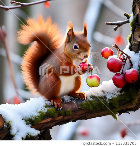 Red Squirrel Holding Fruit on a branch Red Squirrel Holding Fruit on a branch 115333703