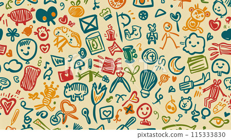 A colorful drawing of various objects and characters, including a cat, a bird A colorful drawing of various objects and characters, including a cat, a bird 115333830