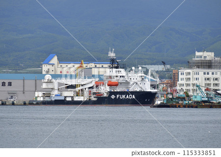 A photo of the salvage ship Poseidon moored at Hakodate Port in Hakodate, Hokkaido, in early summer. 115333851