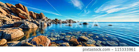 Beautiful beach with rocks and water. 115333961