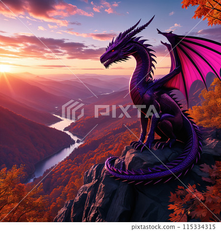 A purple dragon on a rocky outcrop. 115334315