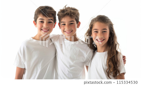 A portrait of three children, two boys and one girl, wearing white t-shirts and smiling at camera. A portrait of three children, two boys and one girl, wearing white t-shirts and smiling at camera. 115334530