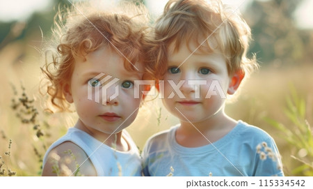 Two young children, a boy and a girl, stand together in a field. The girl has curly, blonde hair Two young children, a boy and a girl, stand together in a field. The girl has curly, blonde hair 115334542