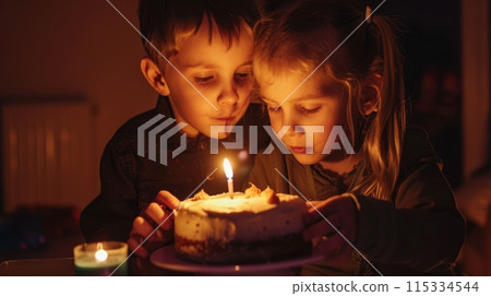 A young boy and girl are shown in a dimly lit room, blowing out a single candle  115334544