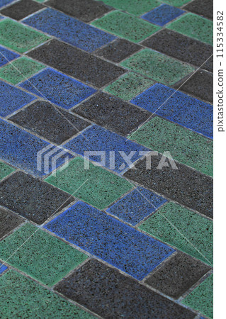 Green Blue And Black Color Stone Tiles Mosaic Floor Street Surface Road Texture Background Pattern 115334582