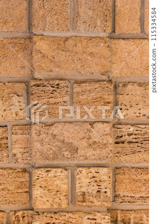 Brown brick blocks sand shell limestone natural texture wall background structure 115334584
