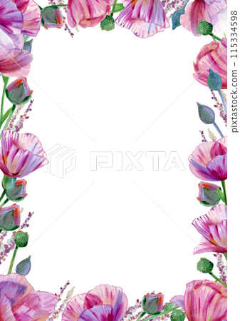Pink flowers foral frame isolated on white. Floral border. Watercolor illustration. Pink flowers foral frame isolated on white. Floral border. Watercolor illustration. 115334598