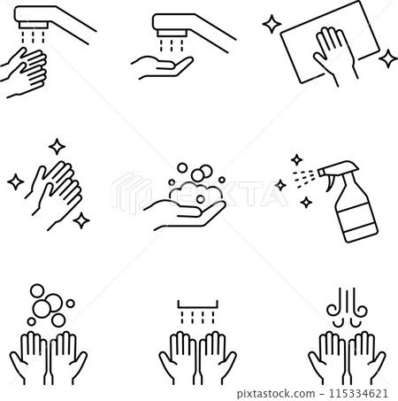 Monochrome hand and hygiene line icon set Monochrome hand and hygiene line icon set 115334621