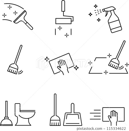 Monochrome cleaning line icon set 115334622