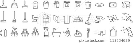 Monochrome cleanliness and cleaning line icon set 115334629