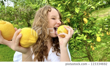 a teenage girl stands near a lemon tree and rejoices in a lemon, she sniffs them, hugs, examines a teenage girl stands near a lemon tree and rejoices in a lemon, she sniffs them, hugs, examines 115334692