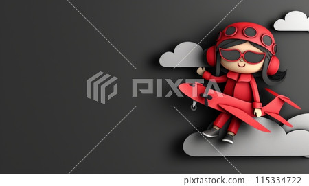 cartoon girl in a red jumpsuit flies a paper airplane through the clouds. This colorful image is rendered in a flat paper style and features a playful, whimsical mood. 115334722